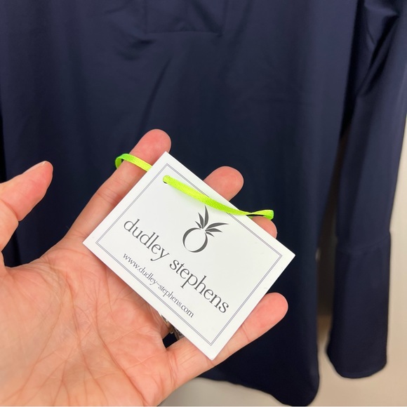 Dudley Stephens India Tunic Top Size Large Bell Sleeve Navy Blue Stretch Casual - Picture 4 of 10